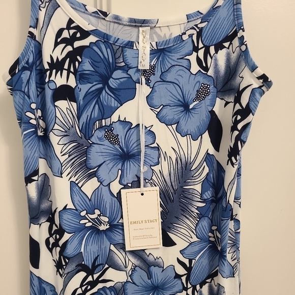NEW Emily Stacy Women Blue Hibiscus Casual Spaghettis Strap Dress L. MSRP $50 - Picture 2 of 6